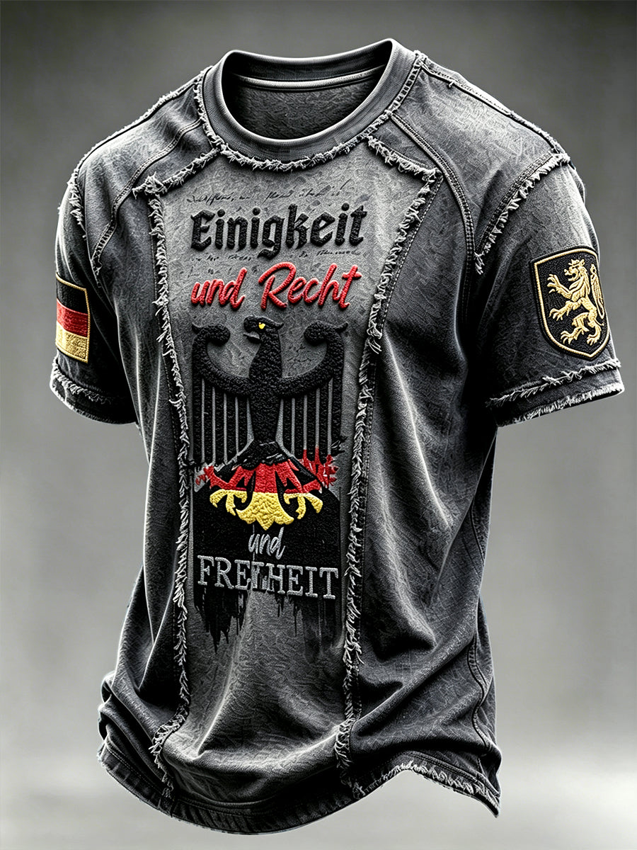 Herren-T-Shirt mit deutscher Flagge, schwarzer Adler, Jeans-Patchwork-Print, lässig