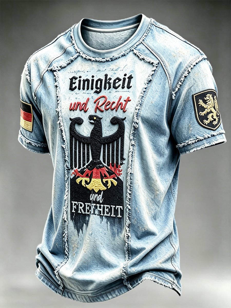 Herren-T-Shirt mit deutscher Flagge, schwarzer Adler, Jeans-Patchwork-Print, lässig