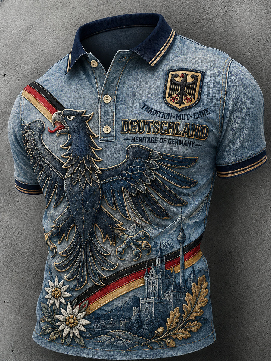 Herren-Denim-Poloshirt im Vintage-Stil mit Adler-Print