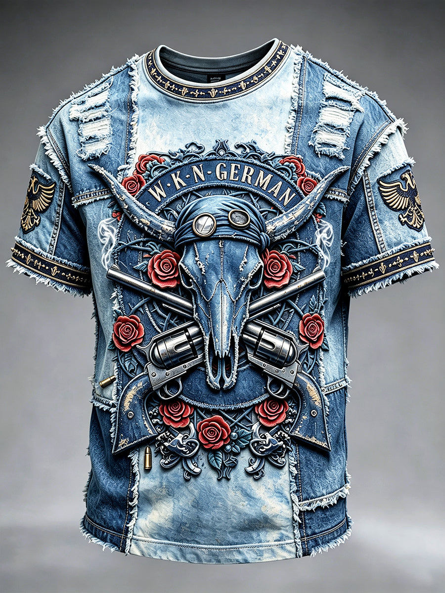 Herren-Denim-Patchwork-Casual-T-Shirt mit 3D-Druck zum Wacken Open Air