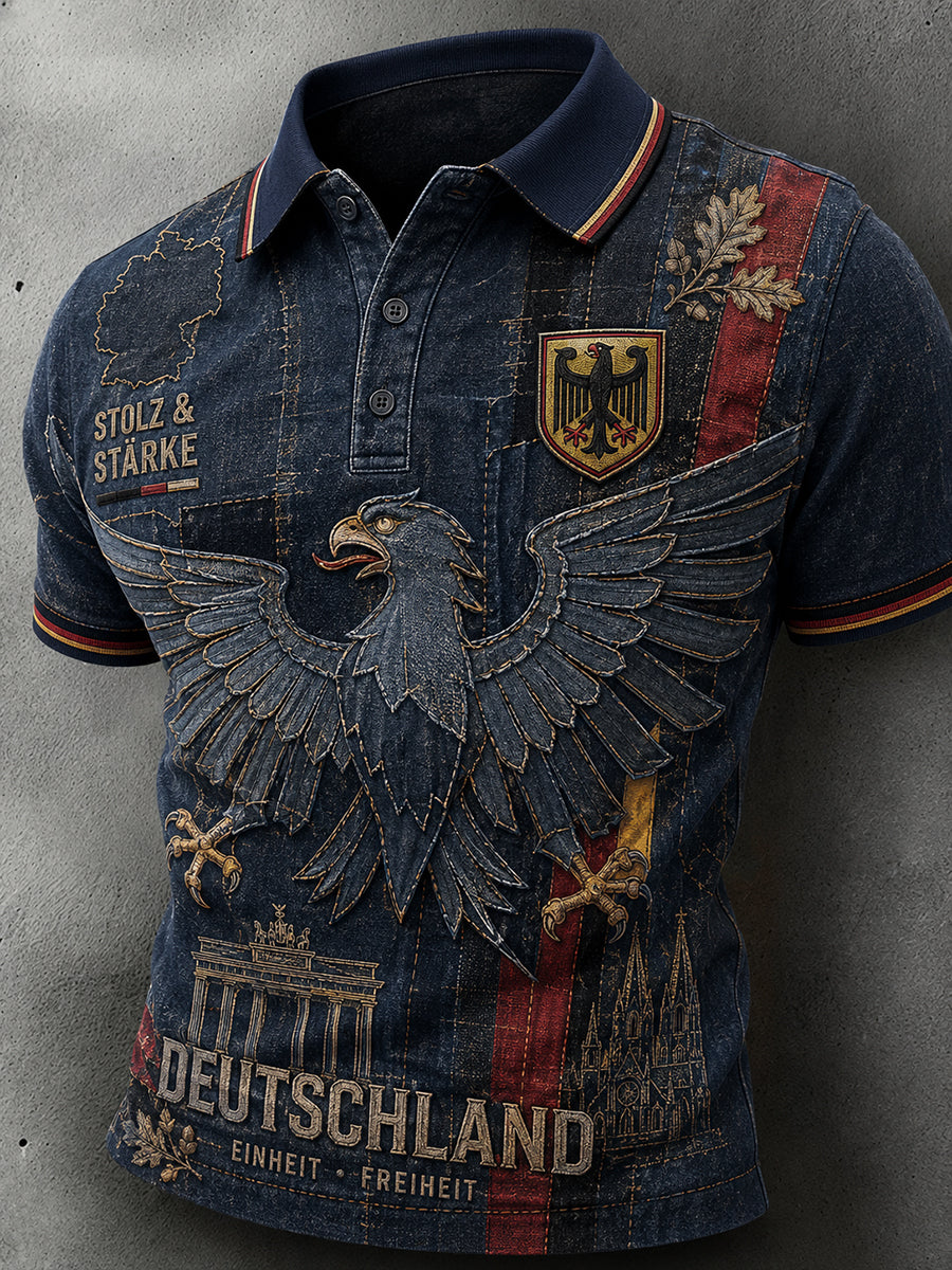 Herren-Denim-Poloshirt im Vintage-Stil mit Adler-Print
