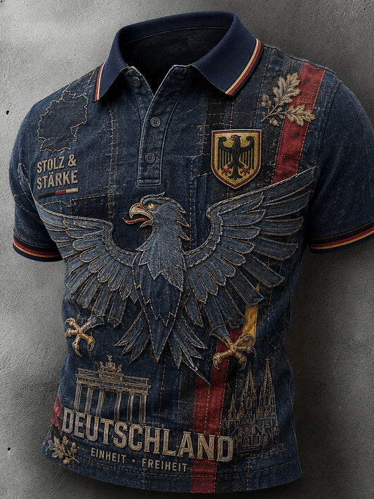 Herren-Denim-Poloshirt im Vintage-Stil mit Adler-Print