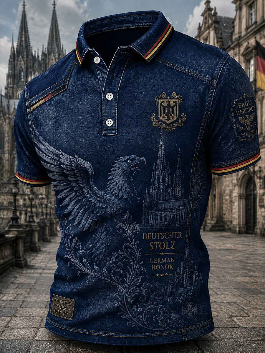 Herren-Poloshirt mit kurzen Ärmeln und Adler-Print im Denim-Stil