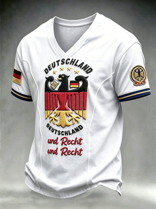 Herrenweißes Freizeit-T-Shirt mit deutschem Fußball-Print im Patchwork-Stil und langen Ärmeln