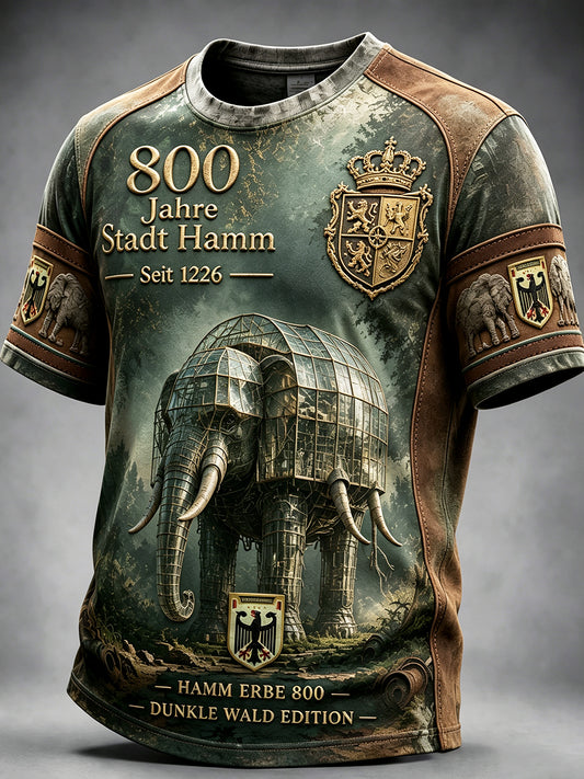 Herren-Retro‑Freizeit‑T‑Shirt mit Patchwork‑Print zum 800. Stadtjubiläum von Hamm, Deutschland