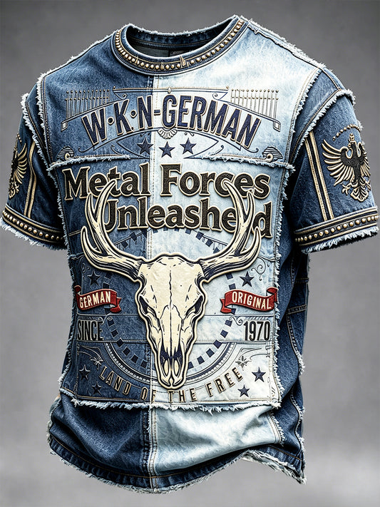 Herren-T-Shirt im Denim-Patchwork-Style mit Rock-Wacken-Musikfestival-Print, lässig geschnitten