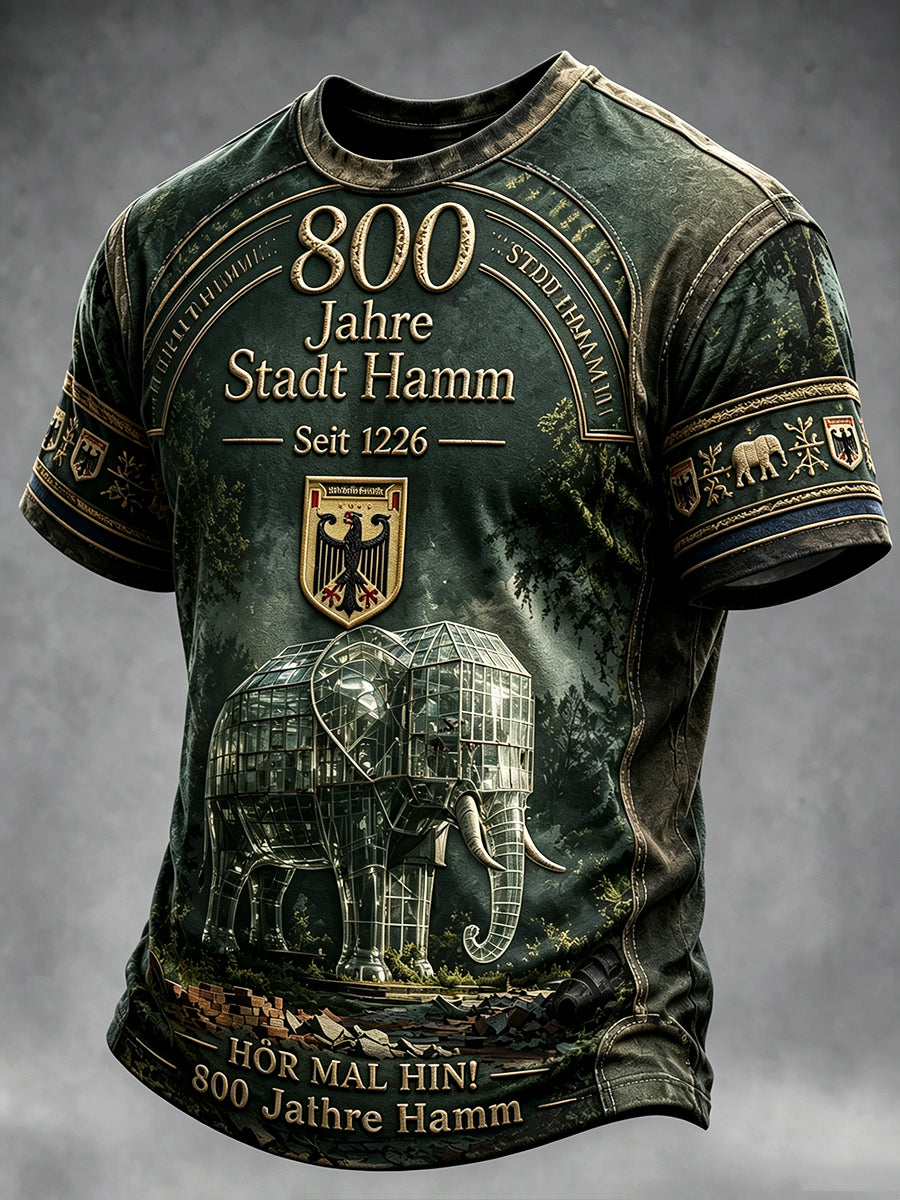 Herren-Vintage-T-Shirt in Grün mit deutschem Hamm-Druck zum 800. Jubiläum, lässig designt
