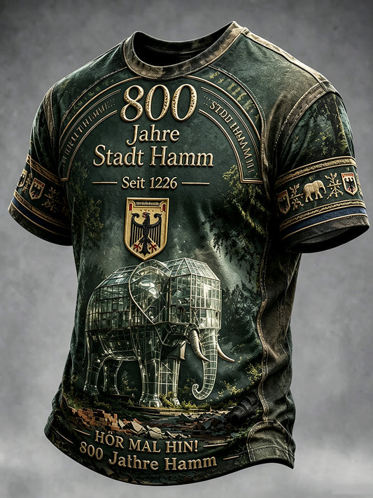 Herren-Vintage-T-Shirt in Grün mit deutschem Hamm-Druck zum 800. Jubiläum, lässig designt