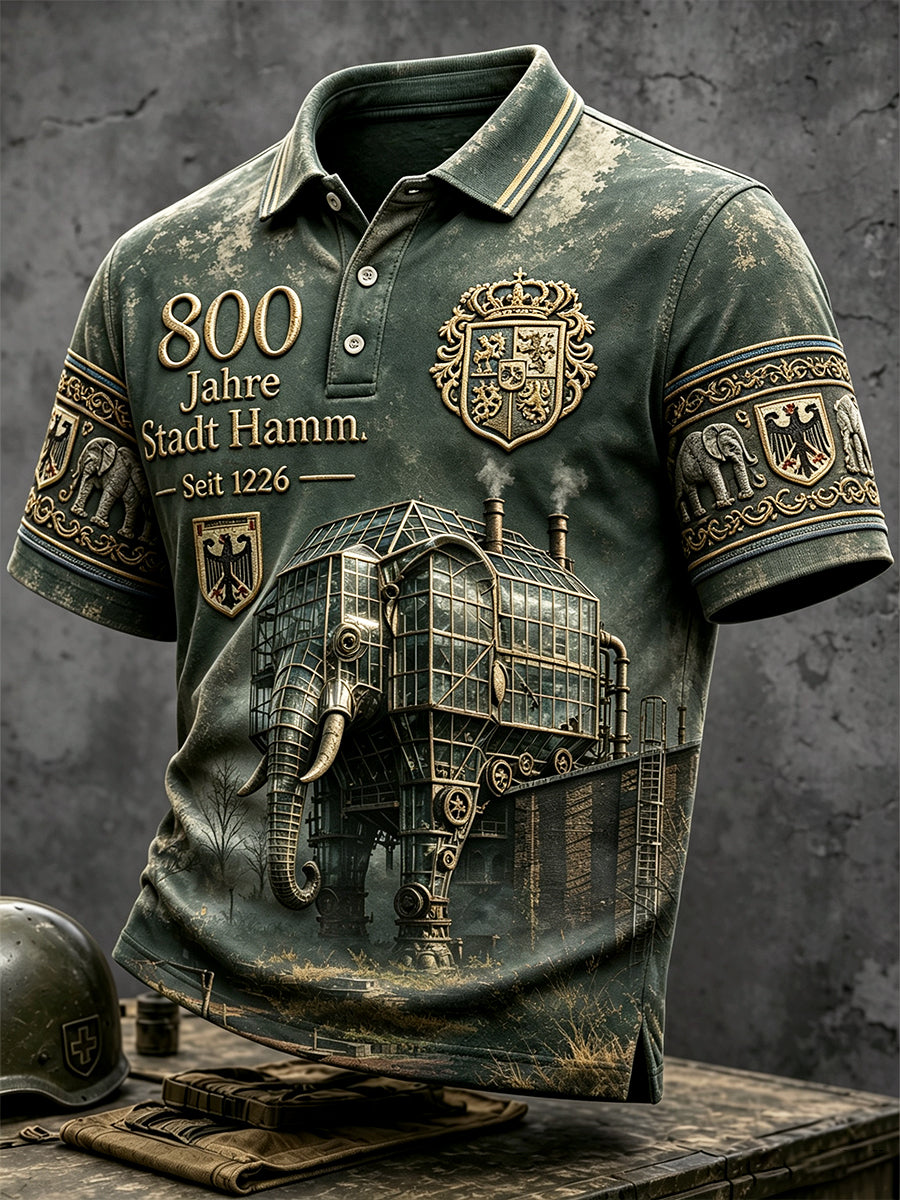 Herren-Poloshirt im Retro-Stil mit Dampfdruck‑Motiv zum 800. Jubiläum der Deutschen Hamm