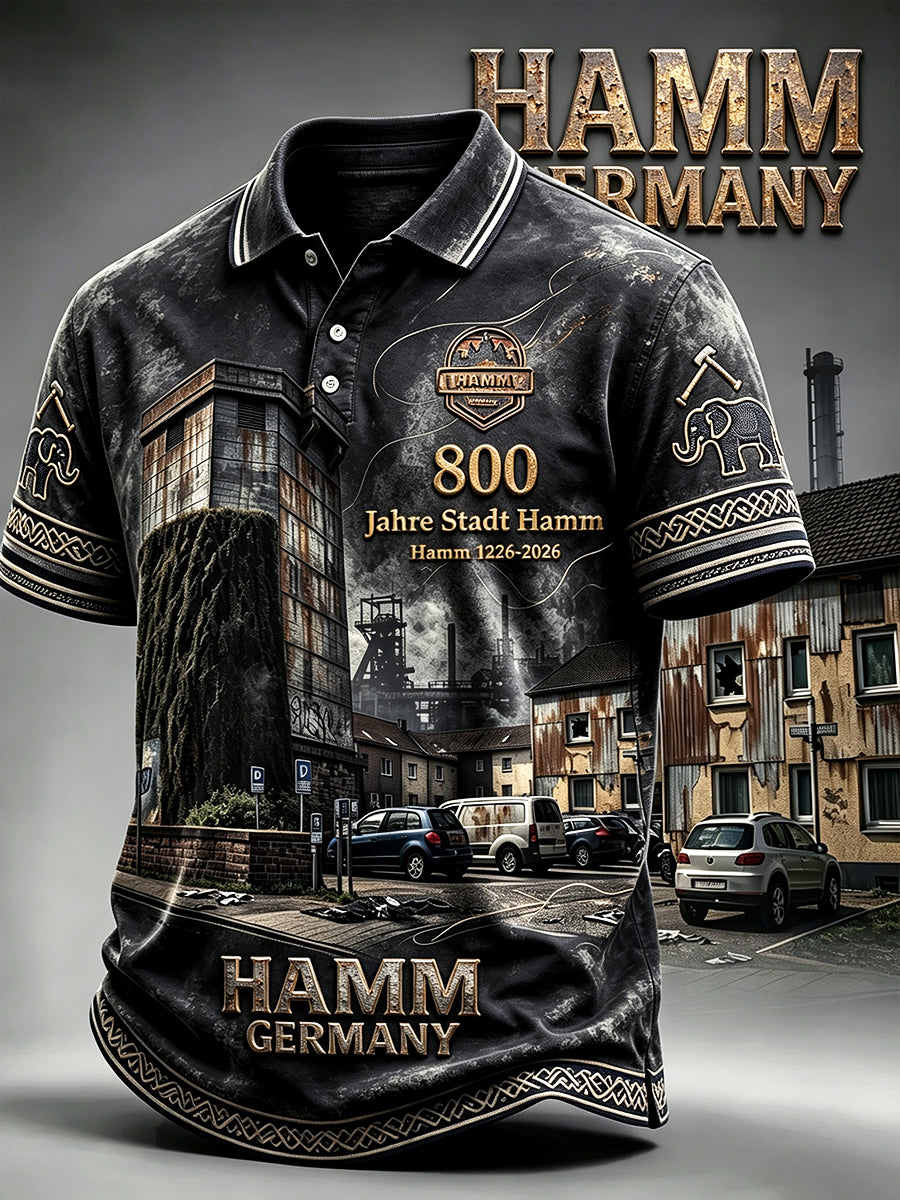 Herren-Poloshirt in Schwarz mit dekorativem Druck zum 800. Jubiläum der Stadt Hamm – lässiger Freizeitstil