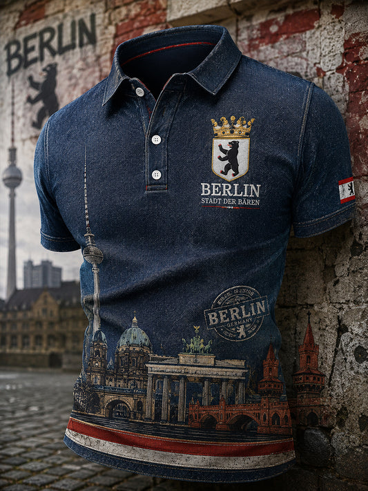 Herren-Poloshirt mit kurzen Ärmeln und urbanem, erinnerungsträchtigem Grafikdruck