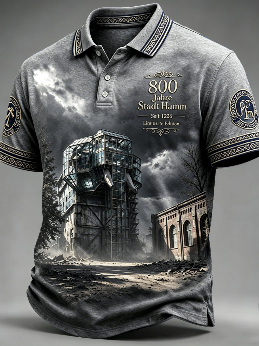 Herren-Poloshirt in tiefem Grau mit deutschem Hamm-Logo, limitierte Sonderedition zum 800. Jubiläum, lässiger Druck