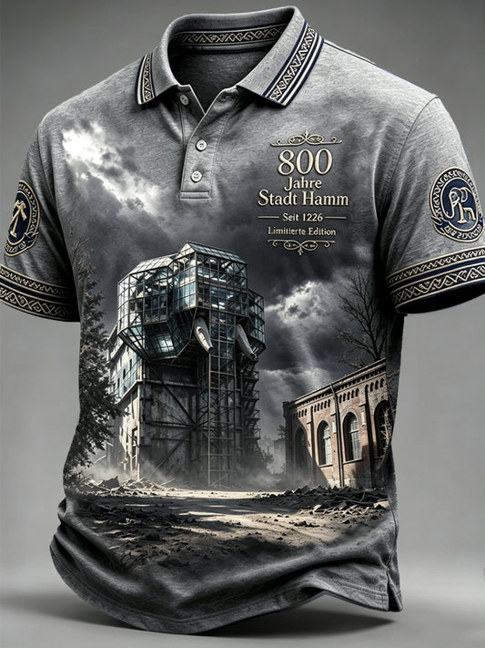Herren-Poloshirt in tiefem Grau mit deutschem Hamm-Logo, limitierte Sonderedition zum 800. Jubiläum, lässiger Druck