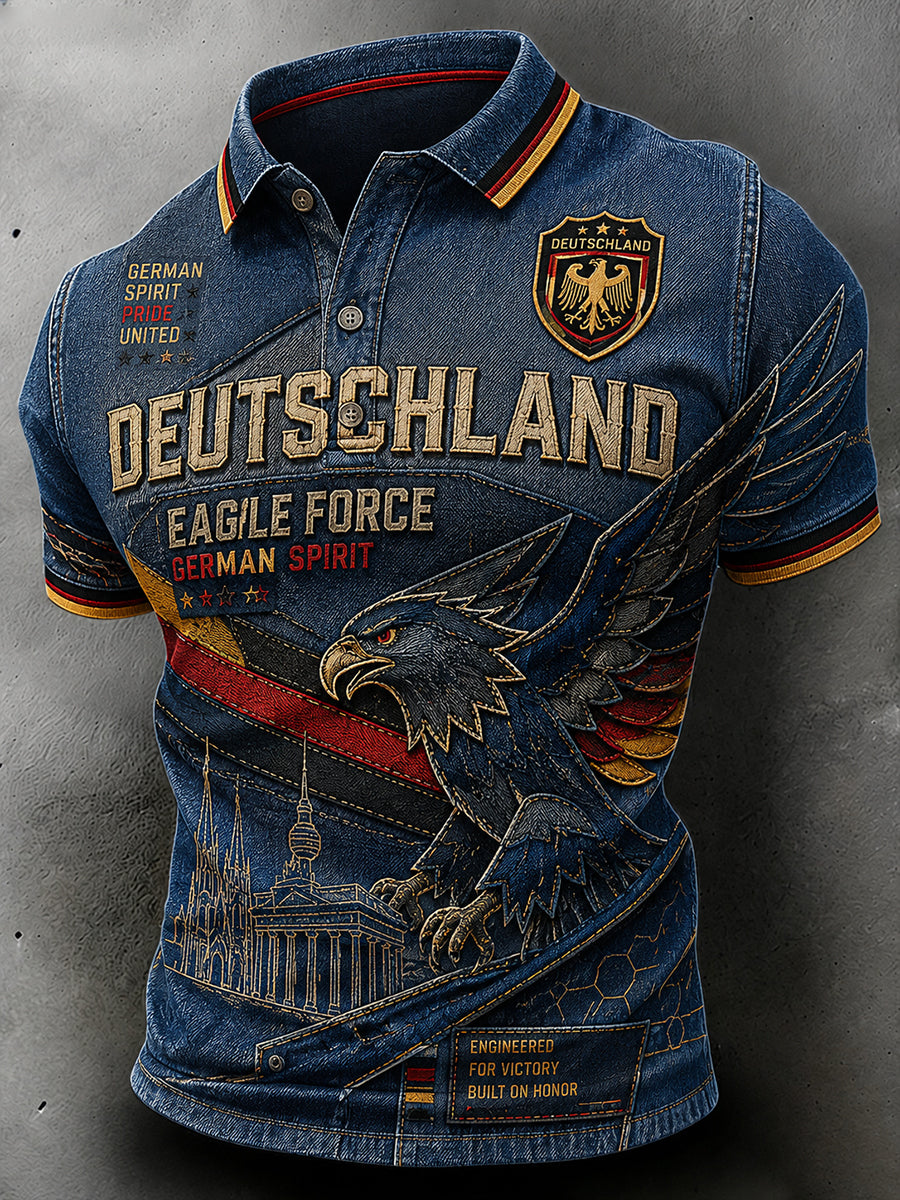 Herren-Poloshirt im Vintage-Stil mit Adler-Print und kurzen Ärmeln