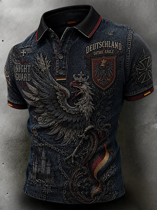 Herren-Poloshirt im Vintage-Stil mit Adler-Print und kurzen Ärmeln
