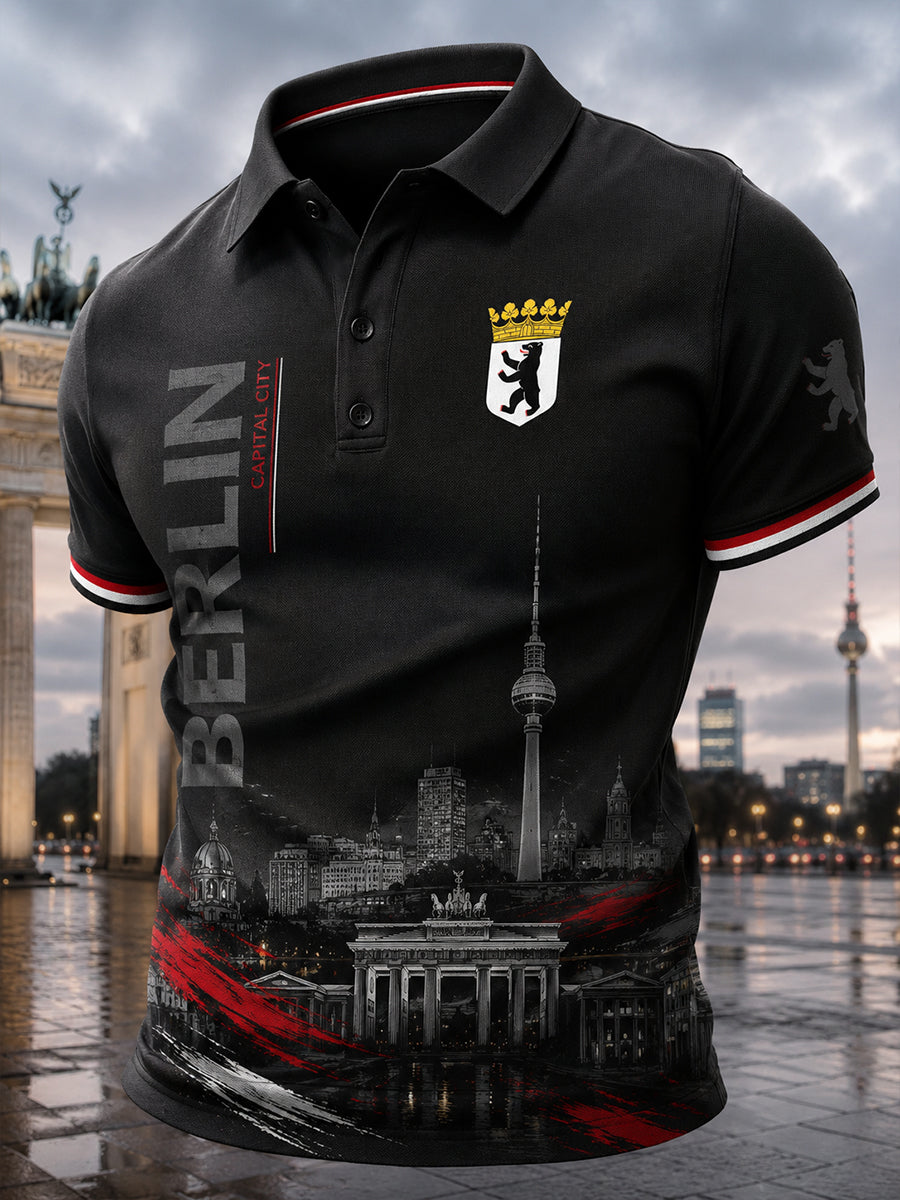 Herren-Poloshirt mit kurzen Ärmeln und urbanem, erinnerungsträchtigem Grafikdruck