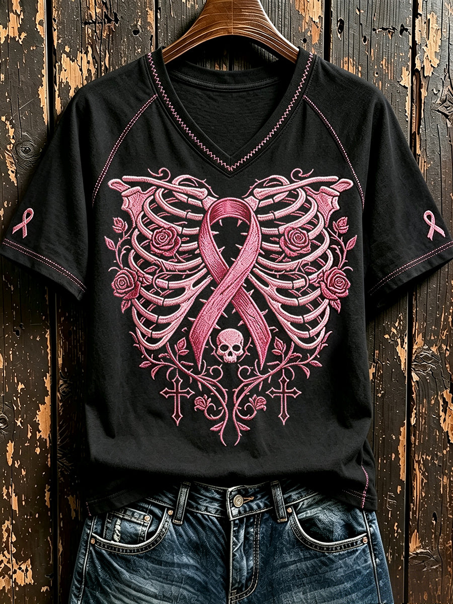 Vintage-T-Shirt mit rosafarbener Farbband mit V-Ausschnitt