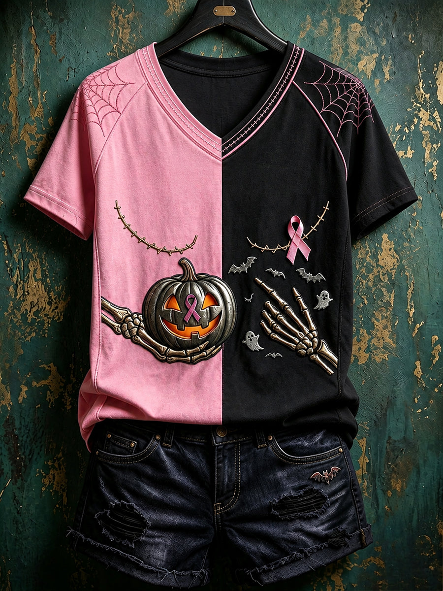 Damen Vintage rosa Band Kürbis druck Kontrast farbe Kurzarm T-Shirt