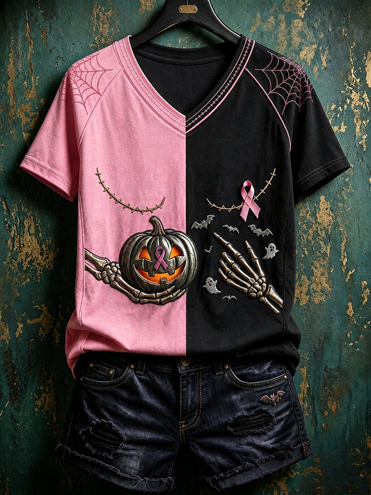 Damen Vintage rosa Band Kürbis druck Kontrast farbe Kurzarm T-Shirt