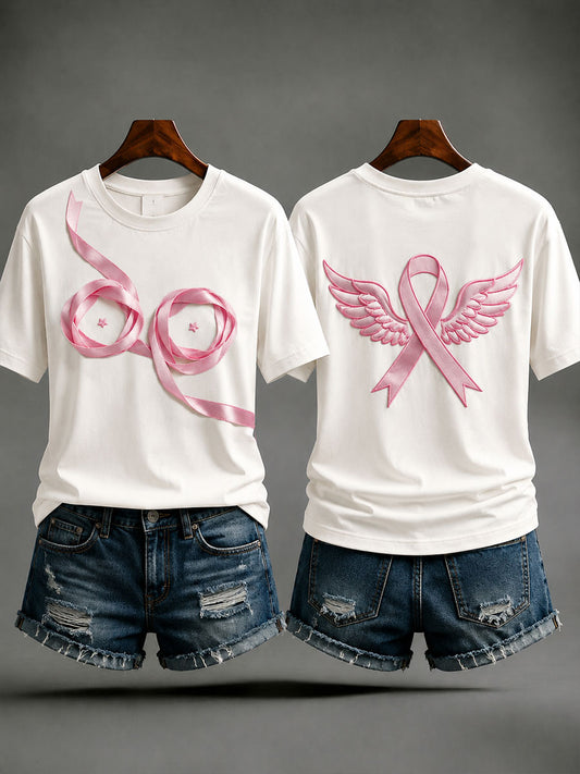 Kreatives pinkfarbenes T-Shirt zur Brustkrebsaufklärung für Frauen mit Rosa Schleife