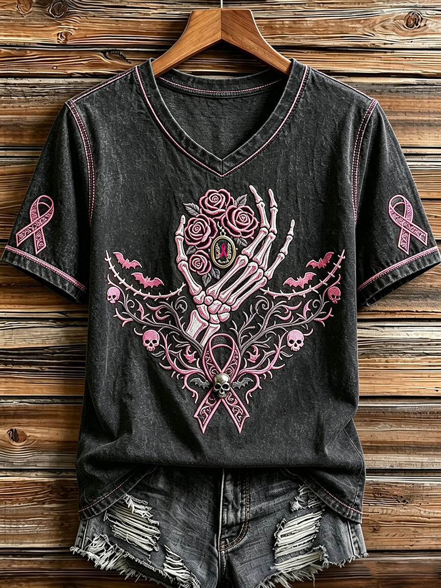 Damen-T-Shirt mit V-Ausschnitt, kurzärmliges T-Shirt, rosa, Skelett druck