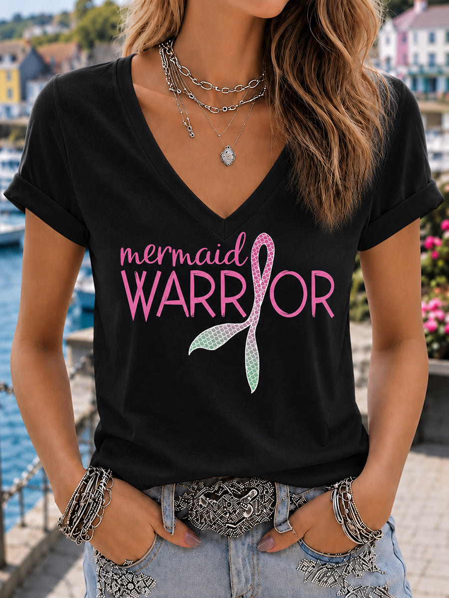 Frauen Rosa Perücke Meerjungfrau März Brustkrebs Bewusstsein Print T-Shirt