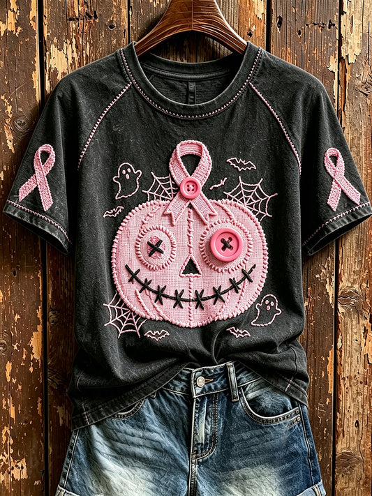 Damen Vintage-T-Shirt mit rosa Farbband mit Rundhals druck