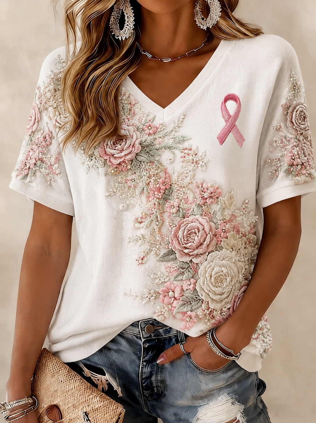 Damen-T-Shirt mit Kurzärmeln zum Thema Brustkrebs