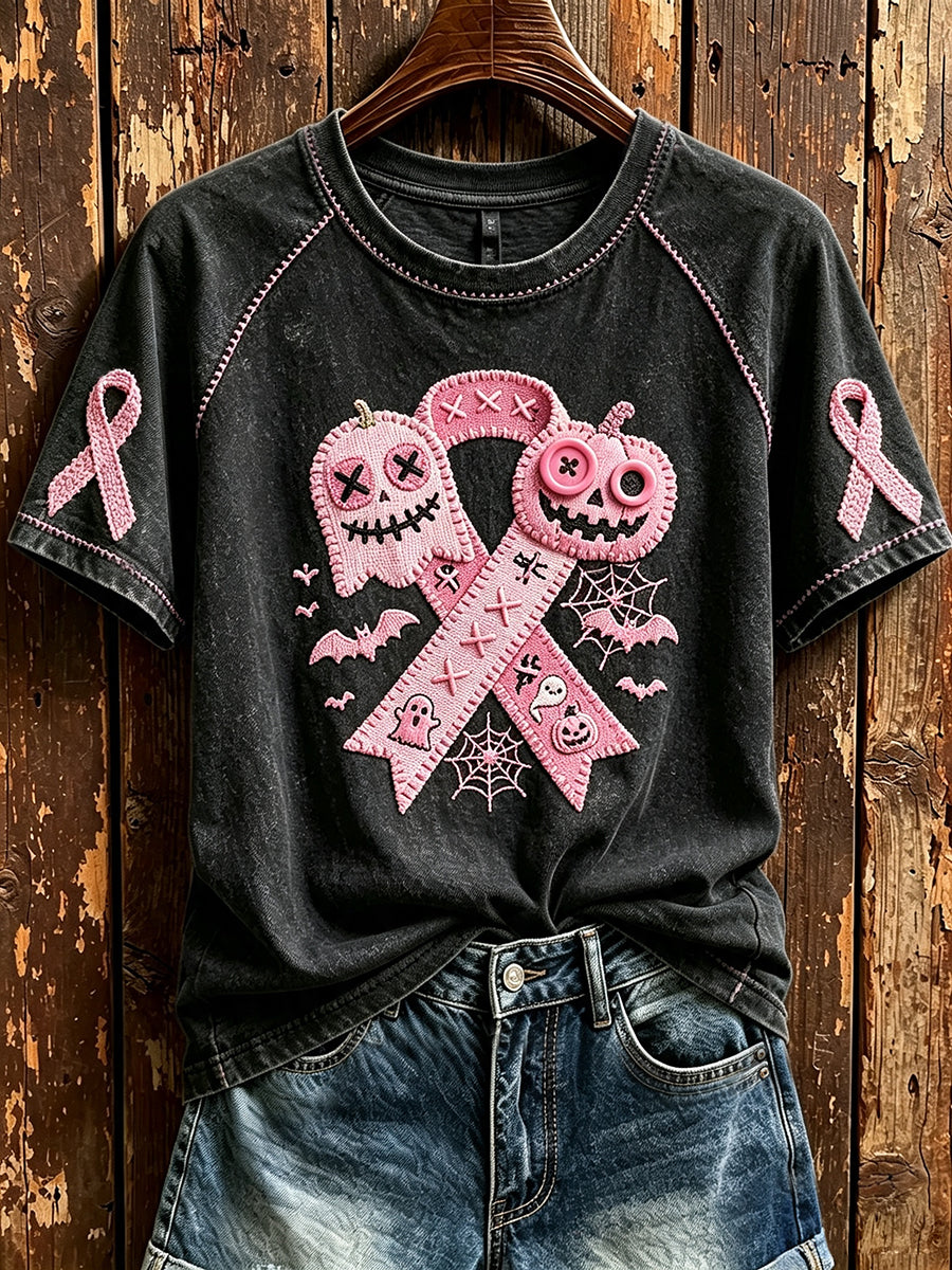 Damen Vintage rosa Band Halloween Print Rundhals-T-Shirt mit kurzen Ärmeln