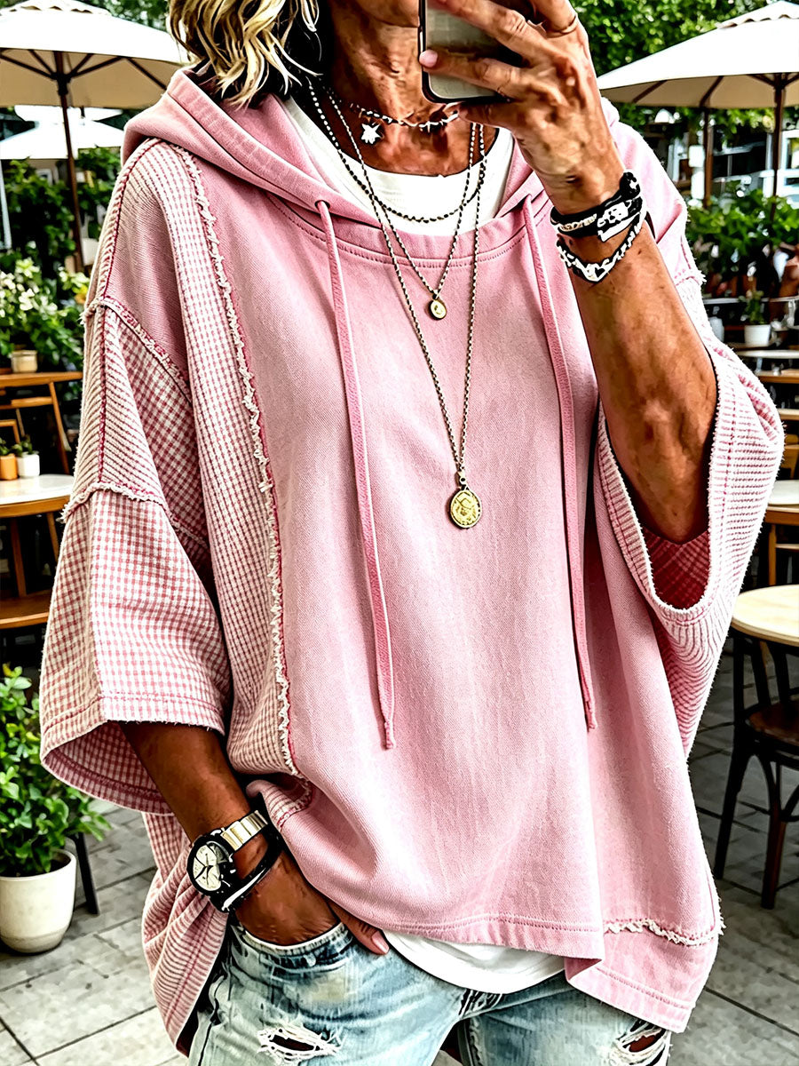 Damen-Hoodie in Rosa mit kariertem Patchwork-Design