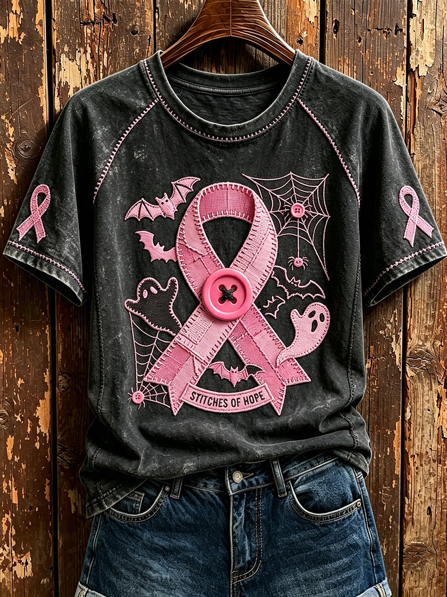 Frauen Stiche der Hoffnung Rosa Band Halloween Print Rundhals-T-Shirt