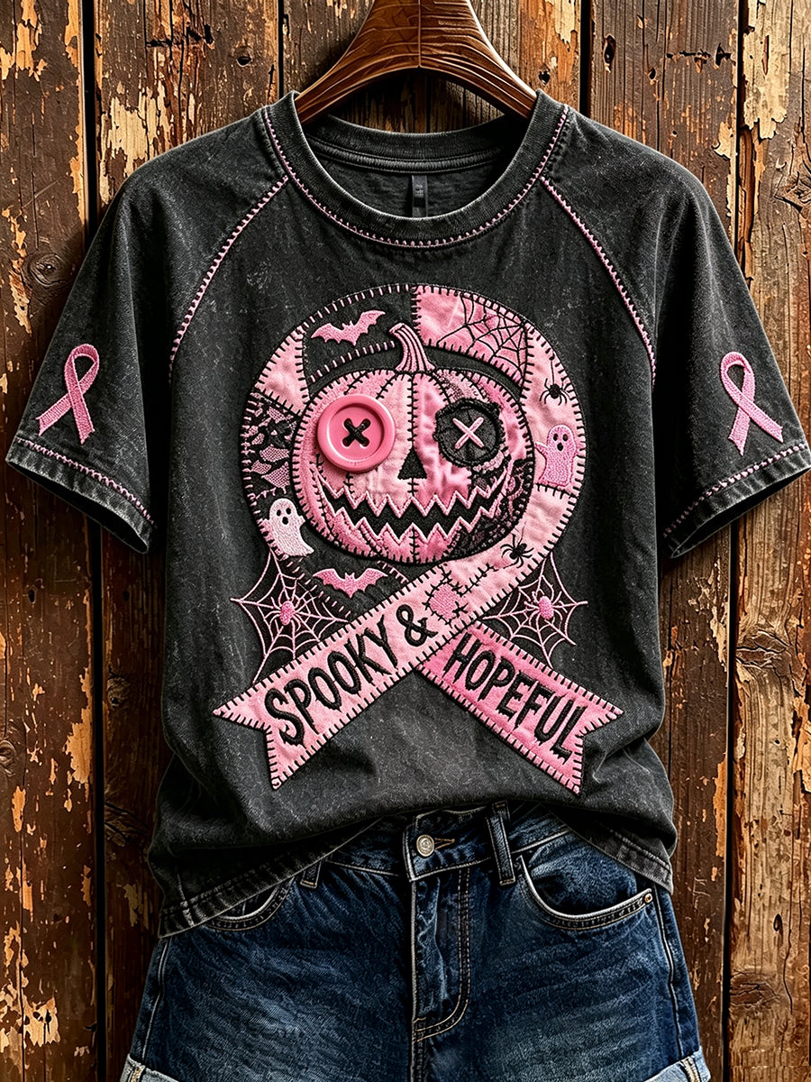 Frauen Spooky & Hopeful Pink Ribbon Kürbis-Print Rundhals-T-Shirt mit kurzen Ärmeln