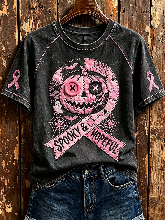Frauen Spooky & Hopeful Pink Ribbon Kürbis-Print Rundhals-T-Shirt mit kurzen Ärmeln
