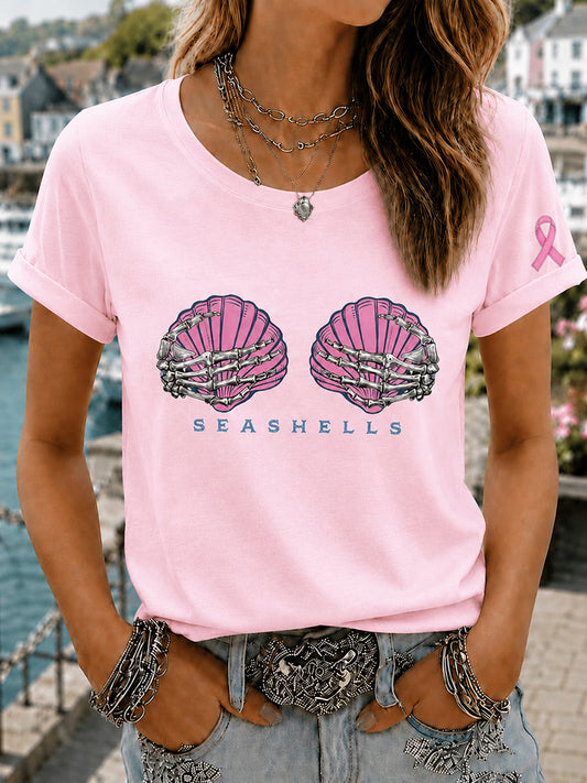Damen-Perücke in Pink, Meerjungfrau-Marsch-Druck, Brustkrebsbewusstseins-T-Shirt
