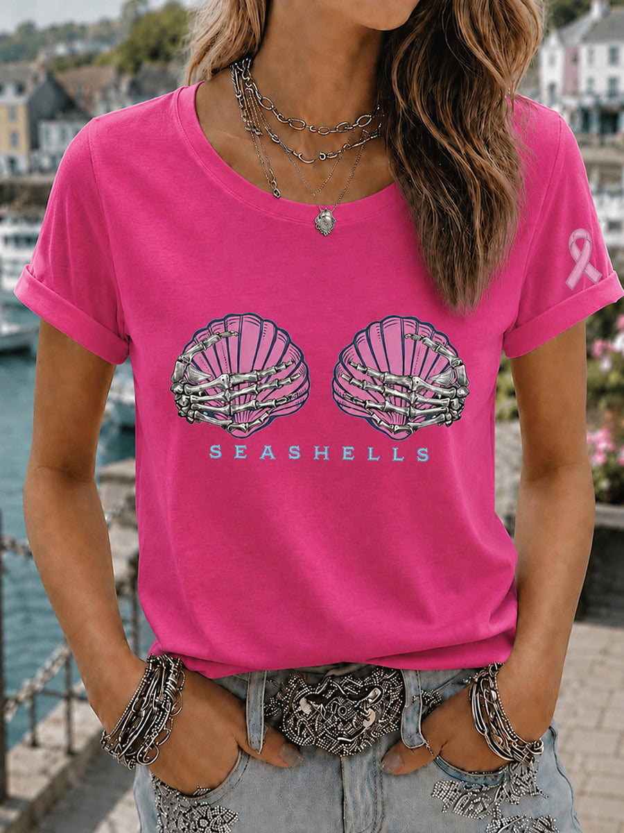 Damen-Perücke in Pink, Meerjungfrau-Marsch-Druck, Brustkrebsbewusstseins-T-Shirt