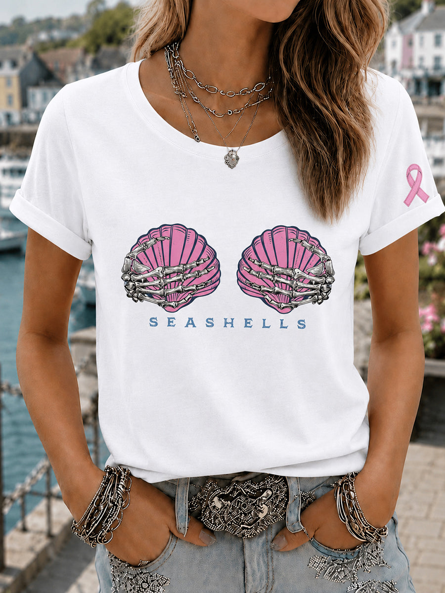 Damen-Perücke in Pink, Meerjungfrau-Marsch-Druck, Brustkrebsbewusstseins-T-Shirt
