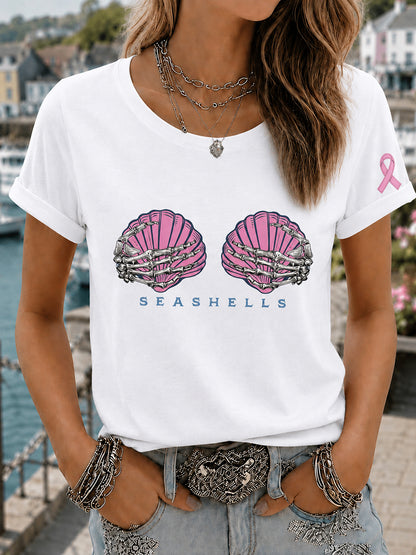 Damen-Perücke in Pink, Meerjungfrau-Marsch-Druck, Brustkrebsbewusstseins-T-Shirt
