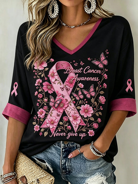 Damen-T-Shirt zum Brustkrebsbewusstsein mit Hauptmuster, mittellangen Ärmeln und V-Ausschnitt