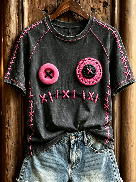 Damen-T-Shirt mit niedlichem Monstergesicht und pinkfarbenen Ziernähten, Kurzarm