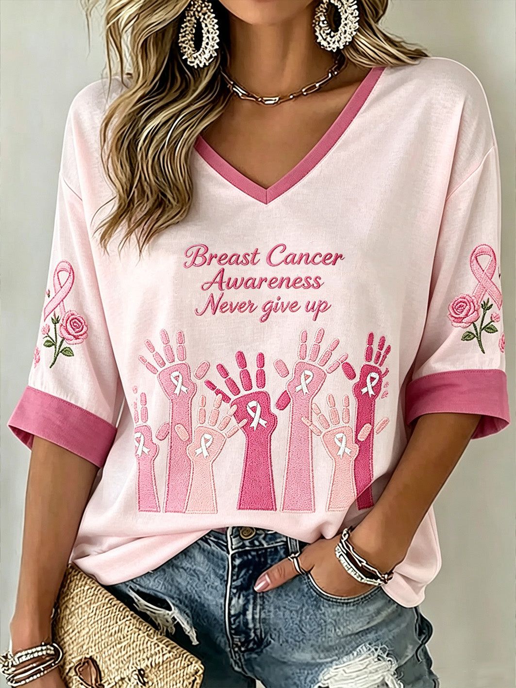Damen-T-Shirt zum Brustkrebsbewusstsein mit Hauptmuster, mittellangen Ärmeln und V-Ausschnitt
