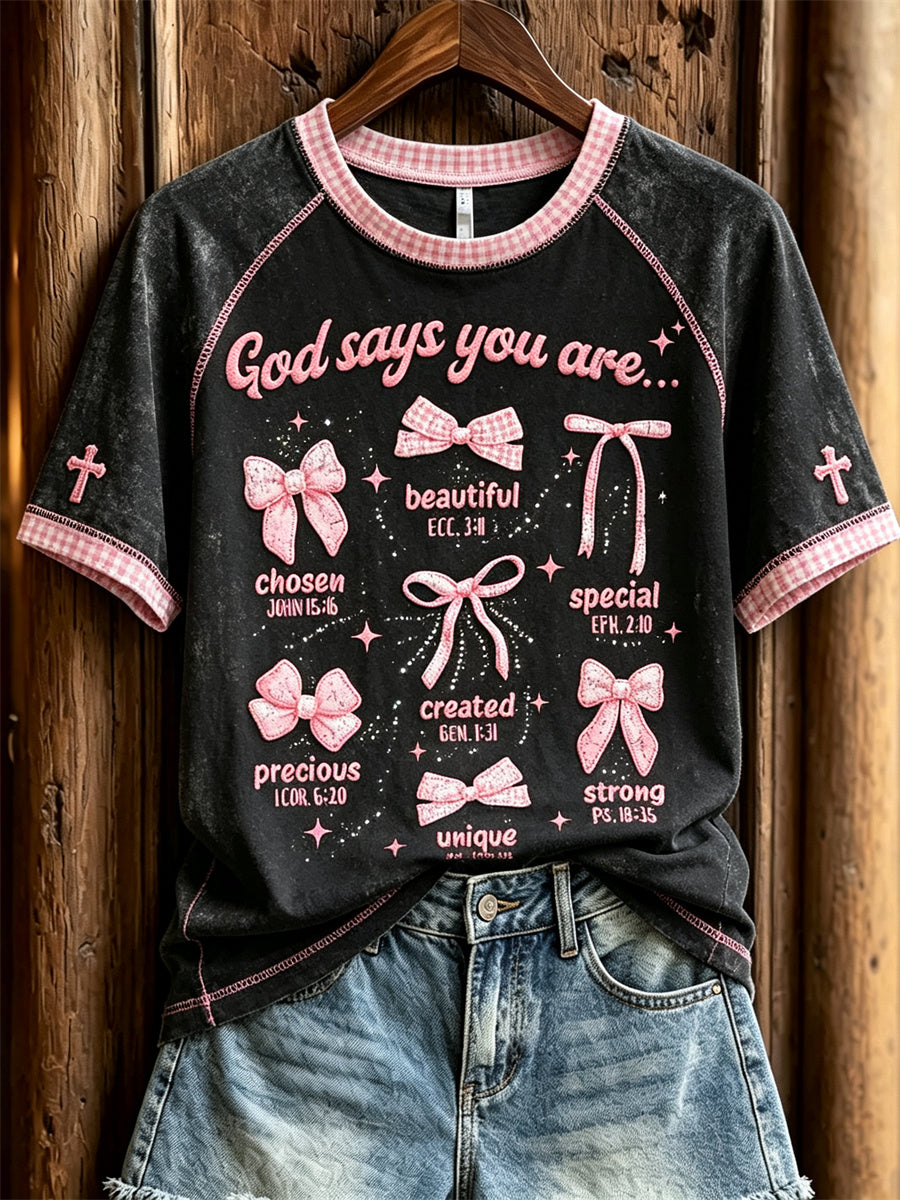 Frauen Gott sagt, Sie sind rosa Bogen Knoten Print Kurzarm T-Shirt