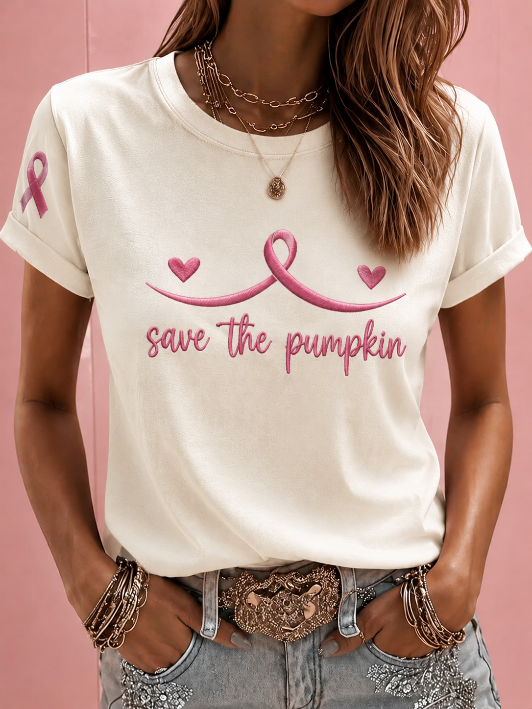 Damen-T-Shirt mit Kurzärmeln zum Thema Brustkrebs