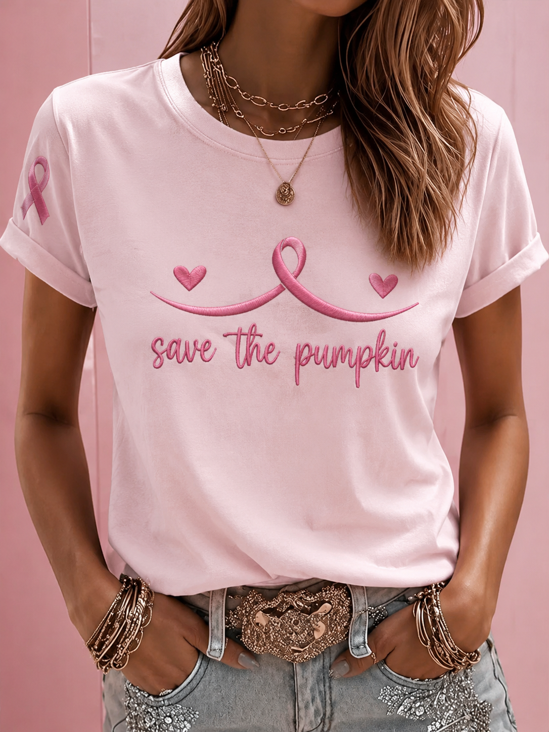 Damen-T-Shirt mit Kurzärmeln zum Thema Brustkrebs