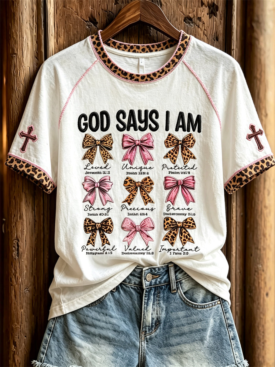 Frauen Gott sagt, ich bin Leopard Bogen Knoten Print Kurzarm T-Shirt
