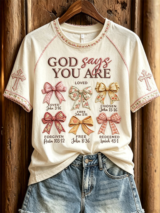 Frauen Gott sagt, Sie sind Cottagecore Bogen Knoten Print Kurzarm T-Shirt