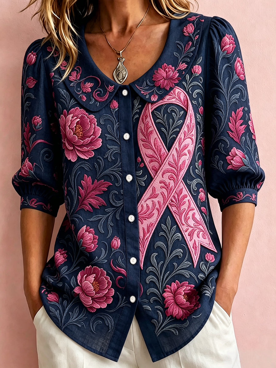 Damen Edles rosa Band Floral Art Print Baumwoll-Leinen hemd