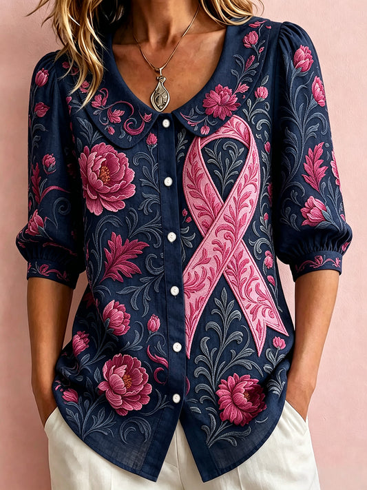 Damen Edles rosa Band Floral Art Print Baumwoll-Leinen hemd