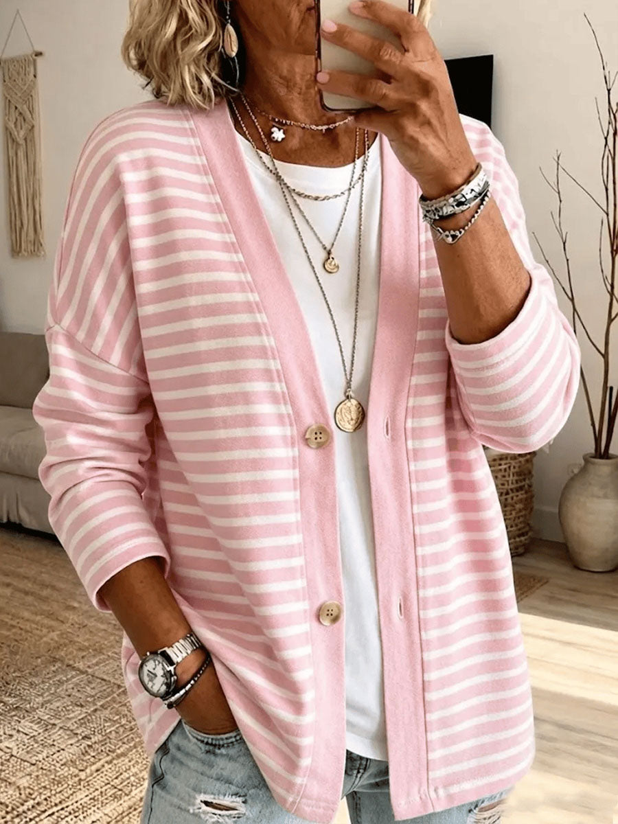 Damen-Strickjacke mit pinkfarbenem Streifenmuster
