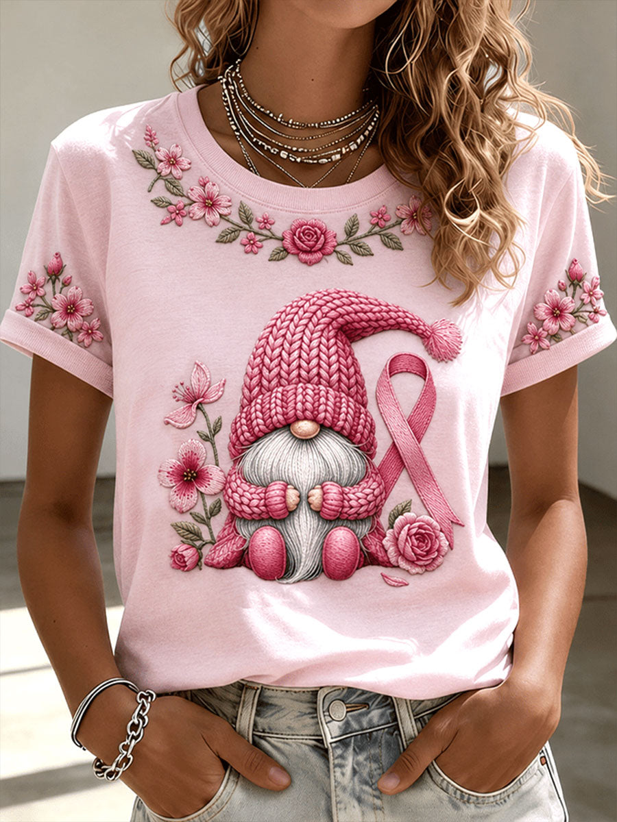 Rosa Hut-Gnom-T-Shirt mit kurzen Ärmeln zum Brustkrebsbewusstsein der Frauen