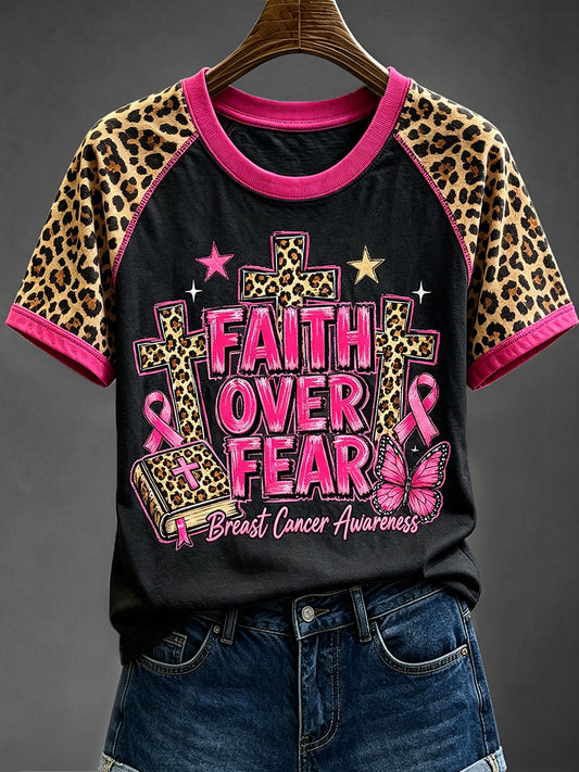 Frauen glauben über Angst Brustkrebs Bewusstsein Leoparden muster Kurzarm T-Shirt